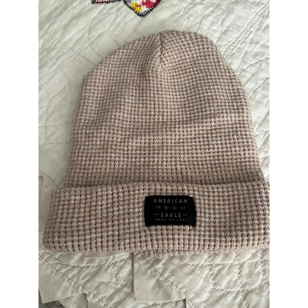 American Eagle Outfitters Waffle Knit Cuffed Beanie Tan Beige Logo Patch Hat
